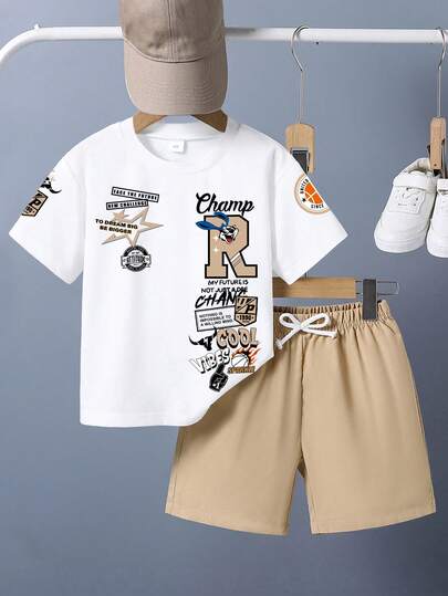 Conjunto de camiseta de manga corta y pantalones cortos con estampado de dibujos animados para niño pequeño