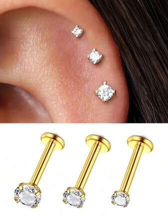 3Pcs CZ Stud Earring Stacks For Women, 14K Gold Plated Stackable Labret Stud Lip Piercing Stainless Steel Nose Stud Ear Cartilage Tragus Helix For Multiple Piercing Jewelry 2/3/4mm