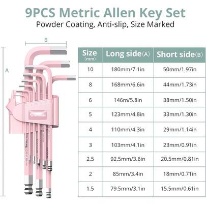 COLFULINE Juego de 9 llaves Allen rosadas, juego de llaves hexagonales de extremo de bola larga, juego de llaves Allen para mujeres, tamaño 1.5-10 mm con codificación de colores para los mejores