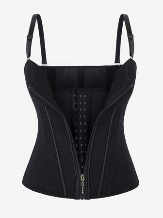 15-Boned Steel Boned Corset Bustier, Double Layer Low-Cut Crop Top With Gold Zipper, Removable Cups, Detachable Shoulder Straps, Metal Buckle Waist Trainer, Shapewear, Waist Cincher, Slimming Bodysuit