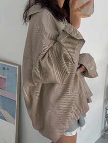 Plus Size Women's Striped Button-Up Shirt, Long Dropped Shoulder Sleeve, Woven Fabric - Apricot - View 5