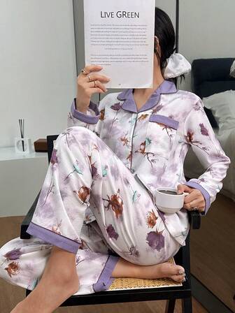 花卉印花秋冬睡衣套装，甜美可爱翻领纽扣长袖上衣和裤子女士睡衣家居服套装