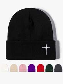 1pc Embroidered Dark Cross Knit Beanie Hat, Outdoor Windproof Warm Knitted Cap, Casual Daily Commute Winter Hat Winter Hat Fall Outfit