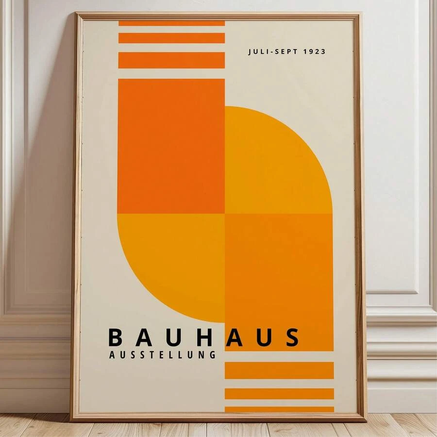 1幅包豪斯几何图案墙面艺术装饰画。抽象海报，复古橙色海报，中世纪现代风格海报，帆布艺术墙面装饰画，饰以圆形和线条图案，适合装饰客厅、卧室和家庭办公室。帆布墙面艺术画，房间海报，家居装饰，房间布置，室内装饰。可选画框。