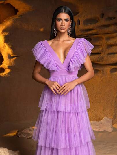 Elegant Lavender Purple Deep V-Neck Layered Tulle Skirt Evening Dress, Decorated With Ruffle Sleeves And Floor-Length Hem, Suitable For Spring/Summer Cocktail Parties And Special Occasions