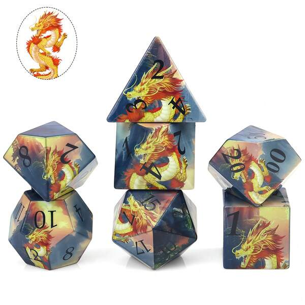 7pcs/Set 18mm Polyhedral Dice (Featuring Oriental Dragon Pattern, Suitable For Board Games) - Perfect Gift For Holidays And Family
