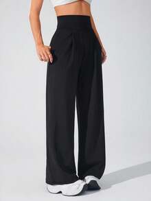 Pantalones deportivos de cintura alta, unicolor, con pliegues y bolsillos, pernera ancha para mujer - Negro - Ver 5
