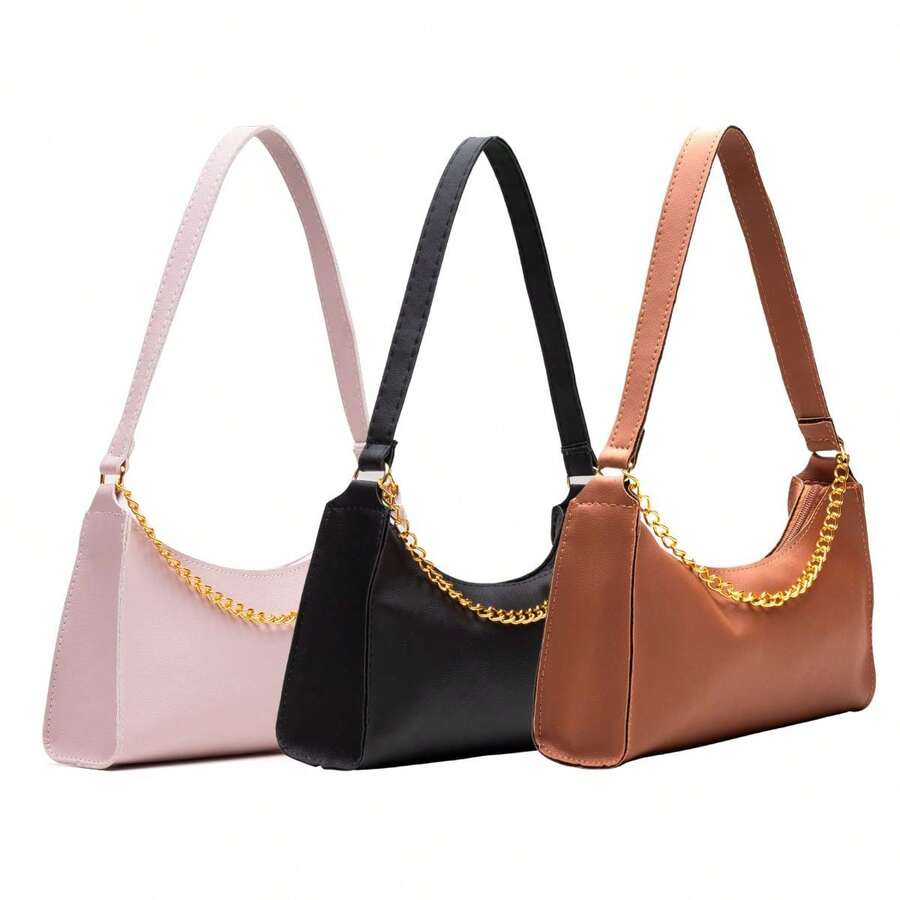 Set Of 3 Women's Small Plain Baguette Bags With Chains, Shoulder And Handbag Style - màu đen - Xem 1