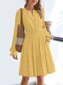 Women Fall Short Dress Casual Long Sleeve V Neck Elastic Waist A-Line Lightweight Flare Mini Dress Spring Autumn Party Holiday Dating Valentine Sun Dress Outfits - Yellow - View 4