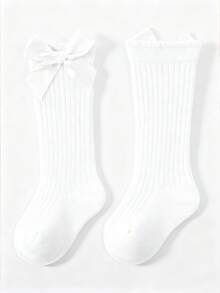 1 Đôi tất cotton trẻ em, tất sọc ngang bắp chân, tất ống dài trang trí nơ, tất cổ rộng cho bé - trắng - Xem 5