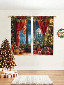 2PCS Christmas-Themed Brushed Fabric Digital Print Curtains, Luxurious Warm And Playful Style Design With Red Curtains, Moonlit Snowy Forest Window, Christmas Tree, Teddy Bears And Gift Piles, Rod Pocket Installation, Semi-Transparent Polyester Fiber Material, Suitable For Living Room, Kitchen, Bedroom, Dining Room, Filling Your Home With Festive Atmosphere - Multicolor - View 15