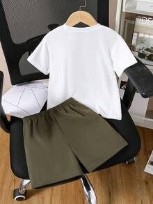Young Boy Cartoon Print Short Sleeve T-Shirt And Shorts Set - White - View 2