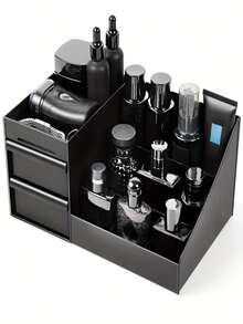 Black Plastic Tabletop Storage Box, Multi-Compartment Adjustable Shelves - Modern Cologne, Skincare & Grooming Organizer Rack, Space-Saving Vanity Desk Organizer For Bathroom & Bedroom - Ideal Men's Gift, Cologne Display Stand, Sturdy Construction, Easy Assembly, Fragrance Holder, Home Organization - Multicolor - View 1