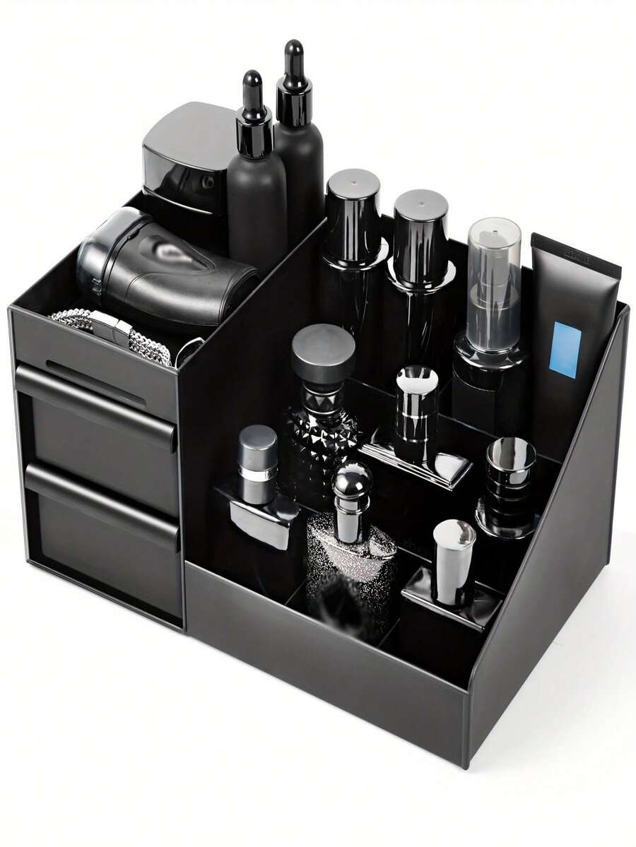Black Plastic Tabletop Storage Box, Multi-Compartment Adjustable Shelves - Modern Cologne, Skincare & Grooming Organizer Rack, Space-Saving Vanity Desk Organizer For Bathroom & Bedroom - Ideal Men's Gift, Cologne Display Stand, Sturdy Construction, Easy Assembly, Fragrance Holder, Home Organization - Multicolor - View 1