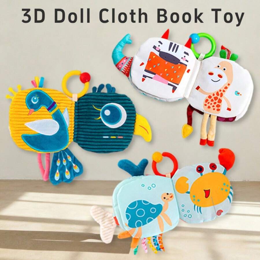 1个卡通3D布偶尾巴书娃娃，耐撕咬，带摇铃和BB弹装置，可悬挂，适合作为新生儿礼物