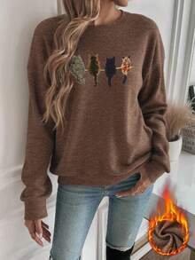 Cat Print Women's Casual Warm Faux Wool Sweater, Warm, Christmas Gift, Chinese New Year, Lunar New Year, Year Of The Horse, Spring Festival, Happy New Year, Valentine's Day, Back To School Clothes, School Outfit Ideas, Back To School Essentials, First Day Of School Outfit, Back To School Outfits 2026 - Brown - View 6