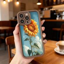 Cubierta de teléfono con borde negro diseño de girasol sobre cielo azul con nubes para uso diario en cafeterías y exteriores Aplicable a los teléfonos de la serie Apple y Galaxy - Café integral - Ver 2
