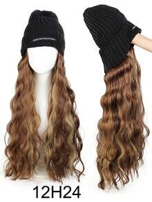 时尚百搭的女士长卷波浪耐热合成假发，蓬松针织帽假发套装，适合日常佩戴 - 彩色 - 查看 10