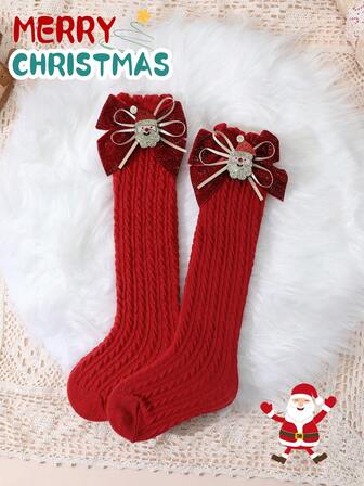 1 Pair Girls' Red Bow Decor Straight Tube Socks, Suitable For 3-8 Years Old Girls, Christmas & New Year Outfit