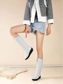 Women's Fuzzy Faux Fur Winter Snow Boots Fashion Platform Wedges Heel Pull On Waterproof Casual Comfy Knee High Boots Woman - Trắng C - Xem 3