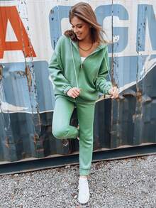 Women's Cotton Tracksuit, Thermal Set With Zip-Up Sweatshirt And Hoodie And Pants With Drawstring, Comfortable Everyday Basic Clothing, Perfect For Yoga, Walking, Gym And Active Leisure - Mint Green - View 1