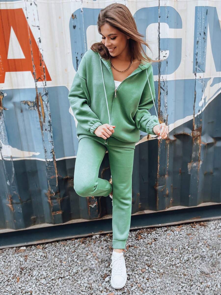 Women's Cotton Tracksuit, Thermal Set With Zip-Up Sweatshirt And Hoodie And Pants With Drawstring, Comfortable Everyday Basic Clothing, Perfect For Yoga, Walking, Gym And Active Leisure - Mint Green - View 1