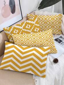 4件套现代几何图案抱枕套，低过敏性涤纶面料，可机洗，拉链封口，编织装饰靠垫套，适用于卧室沙发 - 黄白图案（不含枕芯）