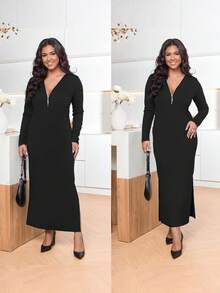 Black Elegant Dress For Women Long Sleeves , Perfect For Spring/Summer Events, Machine Washable Polyester Blend,With A Zipper,Split Skirt ﻿ - Black - View 6