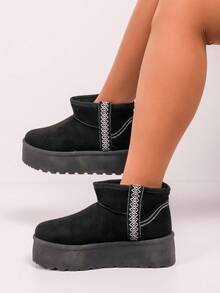 Suede Platform Ankle Boots With Embroidered Trim And Soft Interior Lining - Black - View 1