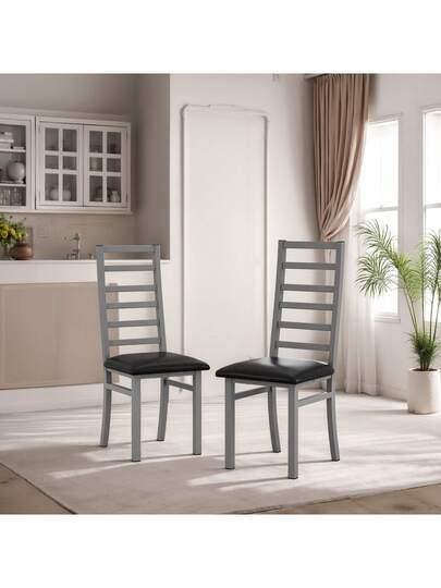 Set Of Dining Chairs Steel Legs PU Leather Seats Kitchen Living Room Zwart Grijs