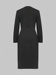 Women's Solid Color V-Neck Slit Hem Long Sleeve Dress