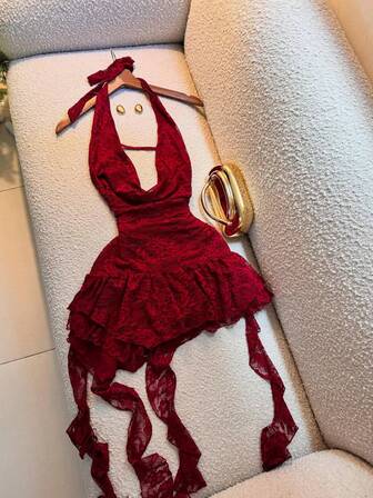 Women's V-Neck Hollow Lace Layered Cake Mini Dress, Spaghetti Strap Backless Sexy