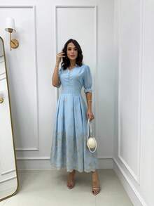 18 Floral Fabric Buttons Front Ruched Dresses Wedding Daily All - Màu xanh nhạt - Xem 3