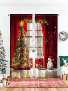 2 Stück Weihnachts-Themen Digital-Bedruckte Vorhänge - Fenster mit roten Vorhängen & einem funkelnden Weihnachtsbaum Innendesign, einfache Stangentasche-Installation, halbtransparenter Polyester - für Wohnzimmer/Küchen/Schlafzimmer/Esszimmer, verleiht Ihrem Zuhause Weihnachtsstimmung