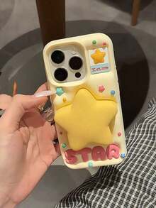 Valentines Cute Cartoon Flip Mirror Vintage Phone Compatible With 15, Compatible With 14/13 Pro/12/11, Silicone Material, Internal Mirror (Please Remove Protective Film Before Use) Waterproof Shockproof Anti-Fall Scratch Resistant - 黃色 - 查看 4