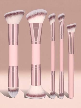 Set de 5 brochas de maquillaje, que incluye brocha para polvo, brocha para rubor, brocha para iluminador, brocha para sombras de ojos, brocha para pestañas, diseñado para mujeres de moda, combinando practicidad y atención al detalle.