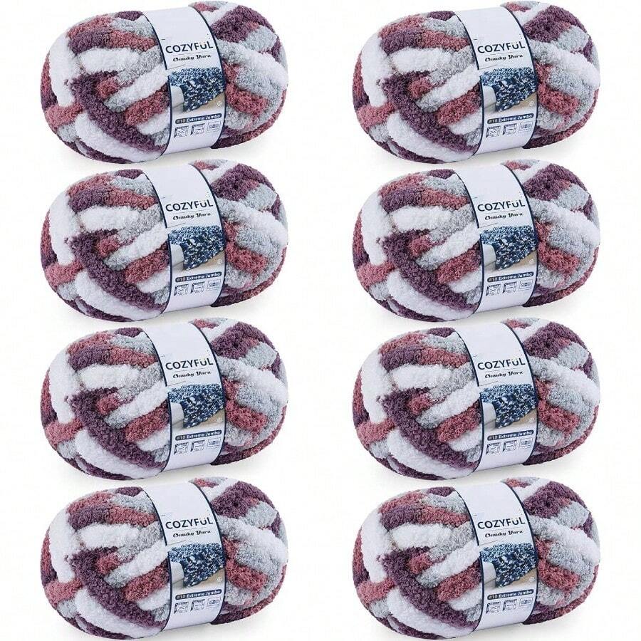 Chunky Yarn Hand Knitting - #10 Chunky Chenille Blanket Yarn, Jumbo Big Thick Chunky Yarns Crocheting, Tie Dye Bulky Knit Yarns, 8 Skein 25 Yds 8 Oz Each Skein SageKhaki - 8 件裝 + 紫色 & 淡紫色 & 灰色 & 白色 - 查看 1