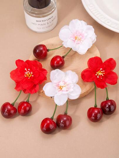 4pcs/Set Colorful Cherry Flower Hair Clips, Cute Sweet Floral Hair Accessories Gift Set For Girls, Suitable For New Year, Christmas, Party, Daily Use