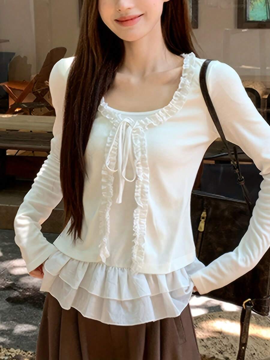 秋服装 レディース 日韩風 ホワイト 木耳フリルカラー フェイクツーピース ニットカーディガン ロングスリーブ Tシャツ 裾フリル ショッピングフェス オフィス通勤 ファッションエレガント 韓国 - ホワイト - チェックする 1
