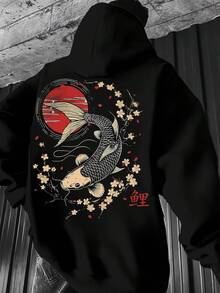 Men'S Casual Japanese-Inspired Hoodie with Koi Fish & Cherry Blossom Print, Long Sleeve Pullover, Stretchy Polyester Knit, Regular Fit, AutumnWinter Streetwear, Autumn Streetwear  Japaneseinspired Design  Stretchy Fabric - Negro - Ver 1