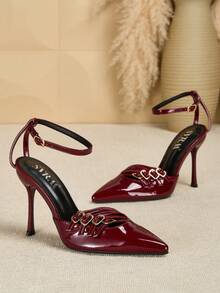 女士尖头细高跟鞋，金属漆皮搭扣时尚高跟鞋，适合派对、性感通勤等场合，酒红色鞋跟 - 酒紅色 - 查看 4