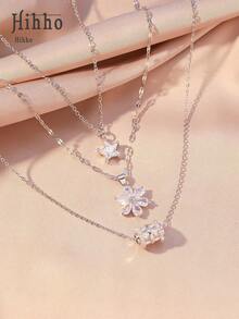 Hihho 3 件套精致时尚方晶锆石花朵和向日葵形状戒指吊坠项链套装，适合女士，派对礼物情人节、妈妈、母亲、母亲节、礼物 - 銀色 - 查看 12