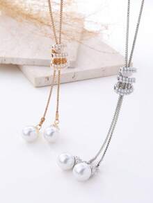 1 件优雅奢华水钻和珍珠吊坠蛇链项链，欧美时尚配饰 - 金色 - 查看 7