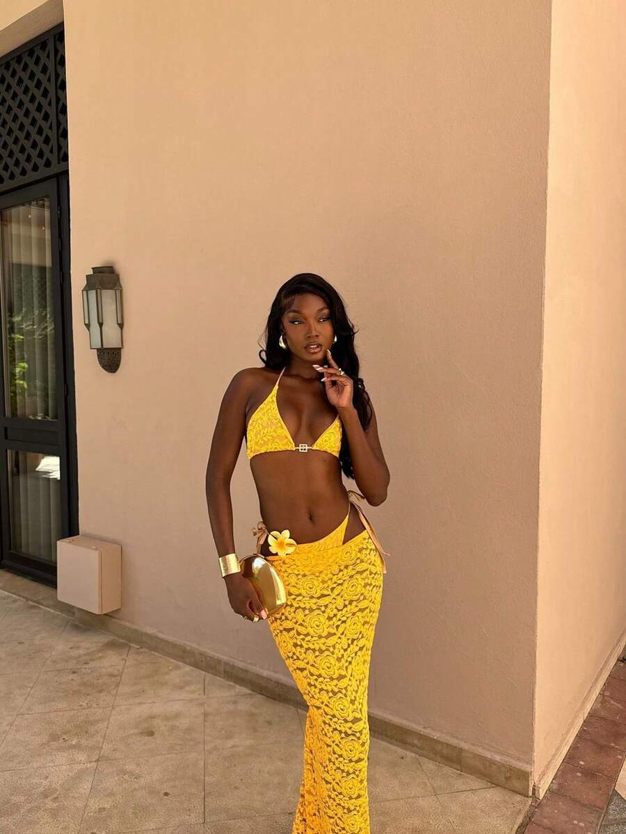 3pcs Bohemian Ruffled/Ruffle Lace Patchwork Bikini Swimwear, Casual Elegant Sexy Beach Vacation Outfit, Spring/Summer - Yellow - View 1