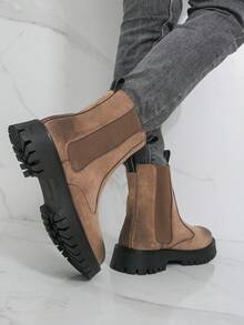 厚底德比靴，时尚靴筒靴，仿麂皮衬里，摩托车靴情侣款，棕色 - 棕色 - 查看 6