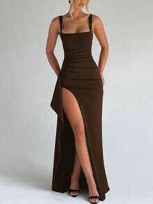 女士优雅性感开衩紧身连衣裙，适合春夏派对、晚宴、节日、度假和婚礼穿着，棕色长裙 - 棕色 - 查看 2