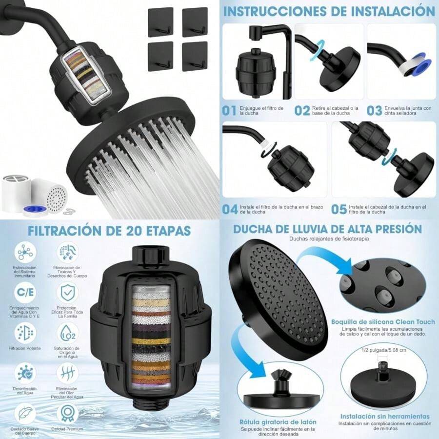 20 Etapas Filtro de Agua Para Regadera, Cabezal de Ducha de 6" con 2 Cartuchos Filtro de Ducha, Regaderas para Baño de Lluvia de Presión para Agua Dura, Elimina el Cloro y Sustancias Nocivas(Negro) - Tipo 1 - Ver 1