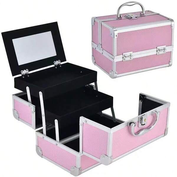 1pc Aluminum Alloy Makeup Case, Portable Makeup Artist Toolbox With Mirror, Large Capacity Multi-Layer Storage