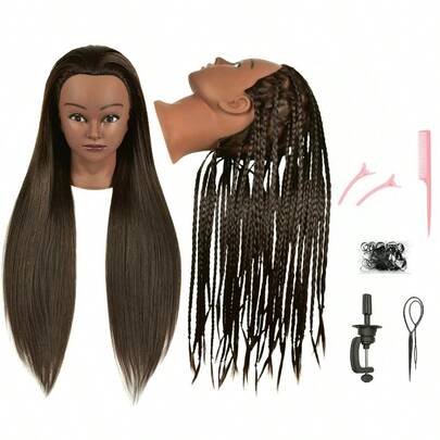 Cabeza de maniquí DFUTAI de 30 pulgadas con 80% de cabello humano real y soporte de abrazadera de mesa para práctica de peinado, trenzado, estilismo, cosmética, maquillaje, entrenamiento de muñeca, rizado, corte y recogidos para exhibición
