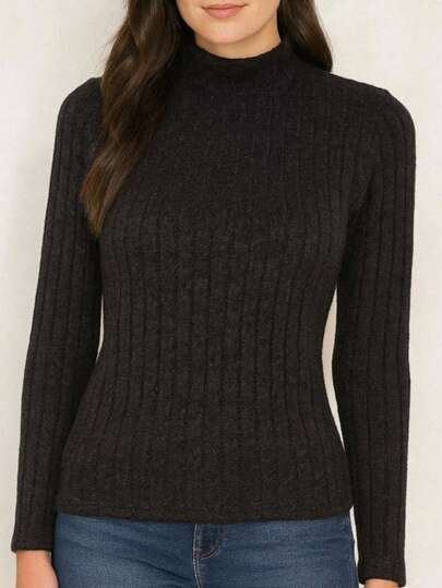 Blusa tipo suéter de punto acanalado, cuello alto, manga larga, básico, largo regular, forro cálido